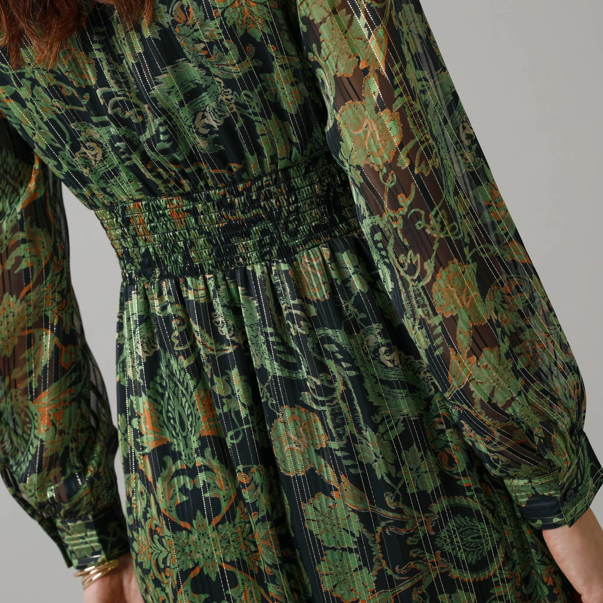 Feestoutfits Dames|Jurk<Lora Zellini Jurk met lange mouwen en strookdetails, bedrukte jacquardvoile zwart / groen
