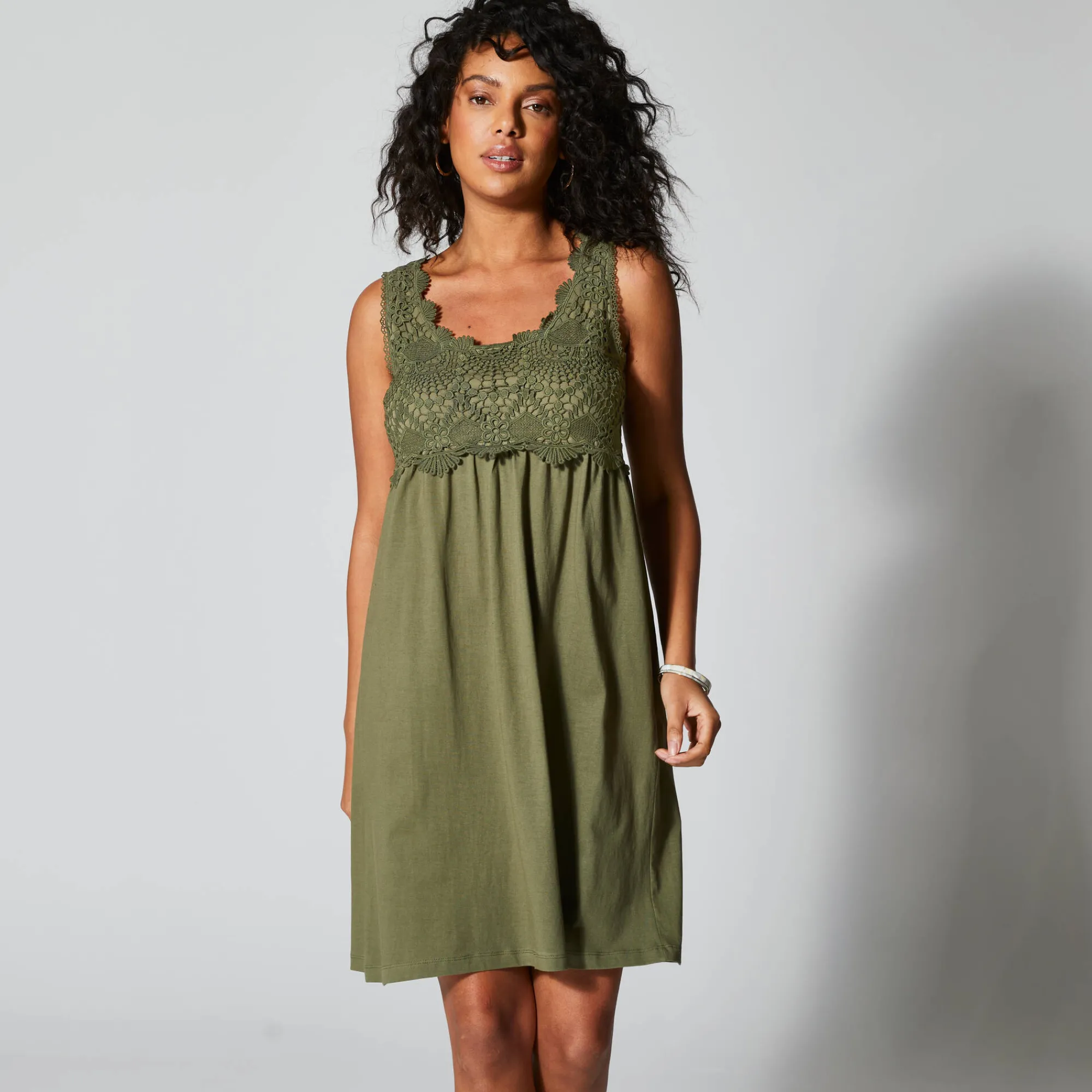 Jurk<Blancheporte Jurk met macramé frontje kaki
