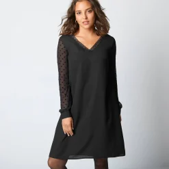 Feestoutfits Dames|Jurk<Blancheporte Jurk met mouwen in plumetis zwart