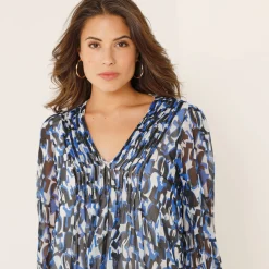 Jurk<Blancheporte Jurk met plooien in bedrukte voile zwart / blauw