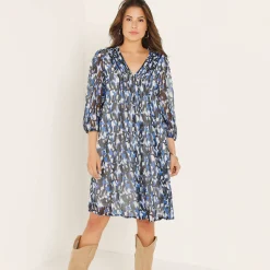 Jurk<Blancheporte Jurk met plooien in bedrukte voile zwart / blauw