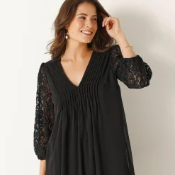 Feestoutfits Dames|Jurk<Blancheporte Jurk met plooien in effen voile, mouwen in kant zwart