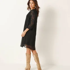 Feestoutfits Dames|Jurk<Blancheporte Jurk met plooien in effen voile, mouwen in kant zwart