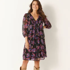 Jurk<Blancheporte Jurk met plooien, voile met bloemenprint zwart / paars