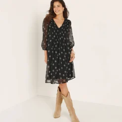 Feestoutfits Dames|Jurk<Blancheporte Jurk met plooien, voile met stippenprint zwart / wit