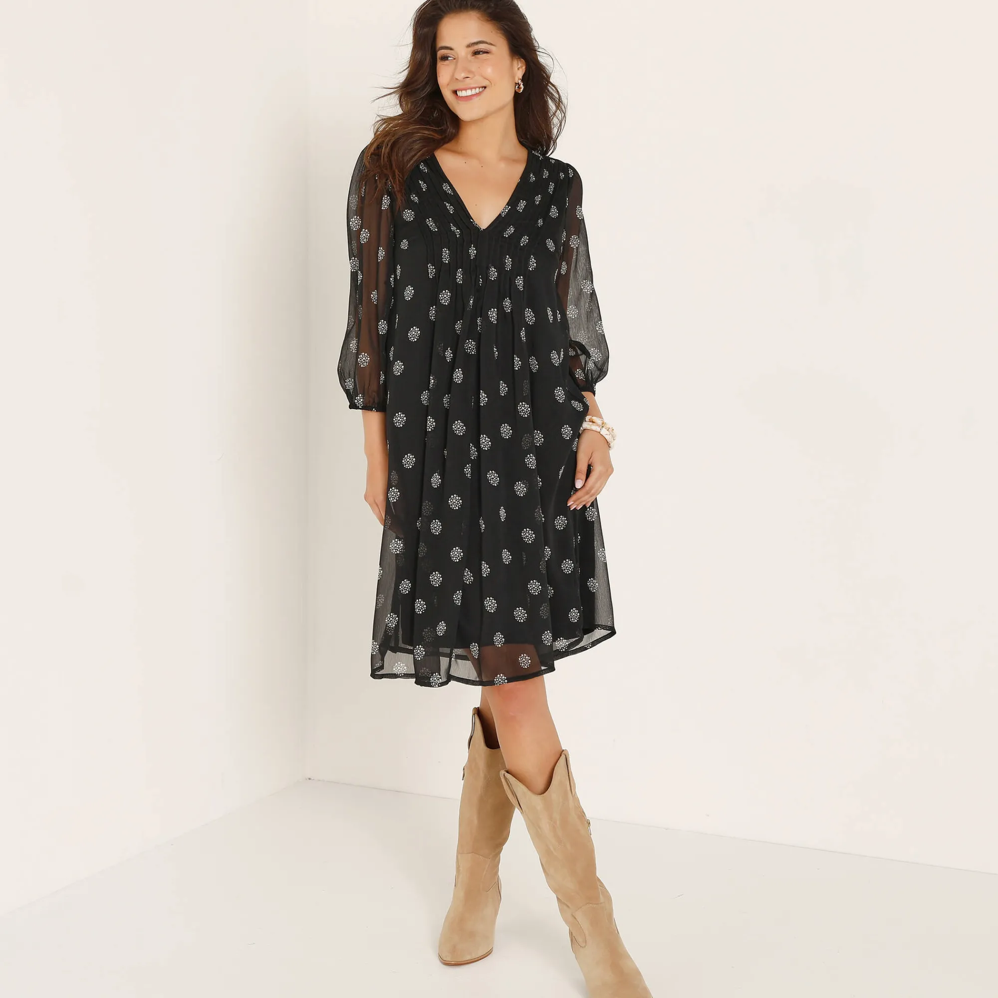 Feestoutfits Dames|Jurk<Blancheporte Jurk met plooien, voile met stippenprint zwart / wit