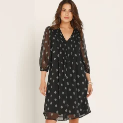 Feestoutfits Dames|Jurk<Blancheporte Jurk met plooien, voile met stippenprint zwart / wit