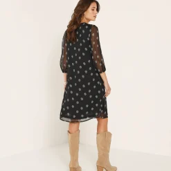 Feestoutfits Dames|Jurk<Blancheporte Jurk met plooien, voile met stippenprint zwart / wit
