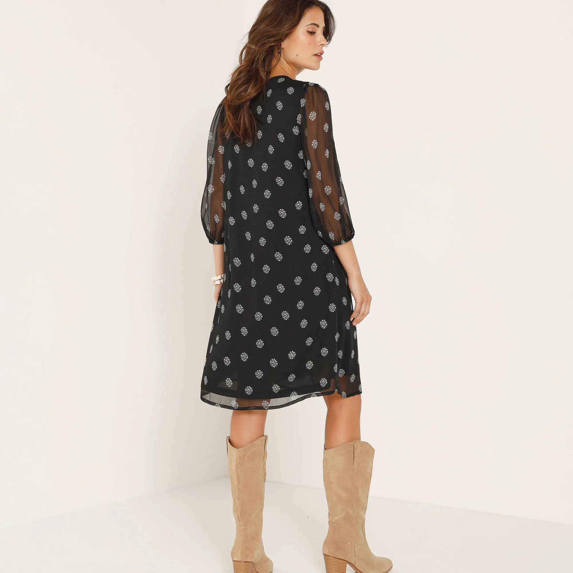 Feestoutfits Dames|Jurk<Blancheporte Jurk met plooien, voile met stippenprint zwart / wit