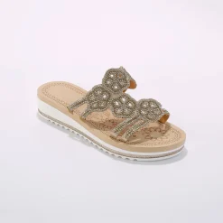 Muiltjes En Klompen|Sandalen En Espadrilles<Blancheporte Juweelmuiltjes met sleehak, pasjes met stras en pareltjes goudkleurig