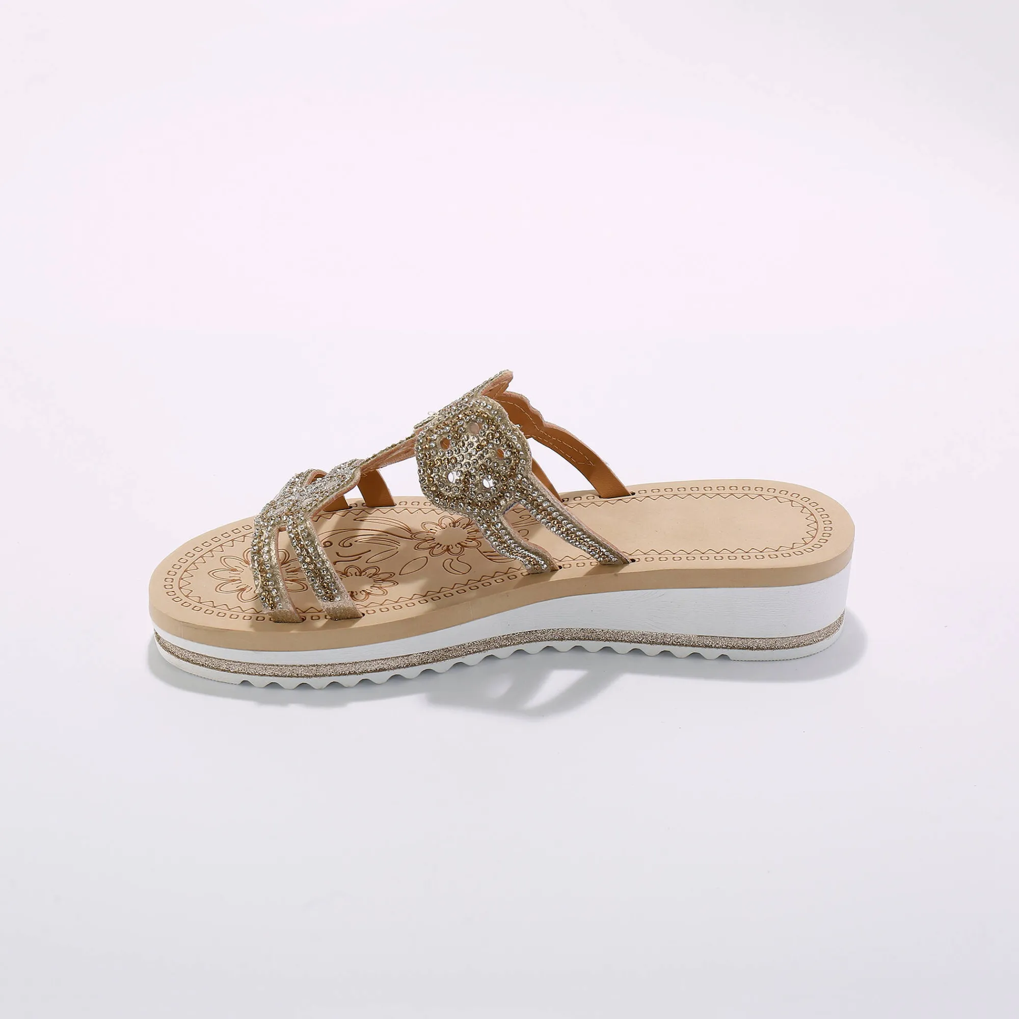 Muiltjes En Klompen|Sandalen En Espadrilles<Blancheporte Juweelmuiltjes met sleehak, pasjes met stras en pareltjes goudkleurig