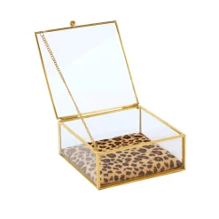 Feestdecoratie|Decoratieartikel<Blancheporte Juwelendoos in glas en metaal, kussentje met luipaardmotief goudkleurig