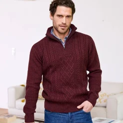 Trui En Vest<Blancheporte Kabeltrui in Iers tricot met truckerskraag chiné bordeaux