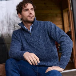 Trui En Vest<Blancheporte Kabeltrui in Iers tricot met truckerskraag gespikkeld blauw