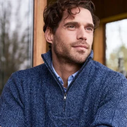 Trui En Vest<Blancheporte Kabeltrui in Iers tricot met truckerskraag gespikkeld blauw
