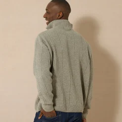 Trui En Vest<Blancheporte Kabeltrui in Iers tricot met truckerskraag gespikkeld taupe