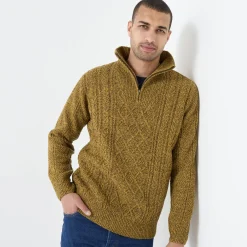 Trui En Vest<Blancheporte Kabeltrui in Iers tricot met truckerskraag gespikkeld curry