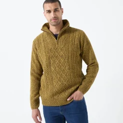 Trui En Vest<Blancheporte Kabeltrui in Iers tricot met truckerskraag gespikkeld curry