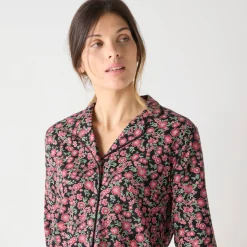 Pyjama<Blancheporte Katoenen pyjama met lange mouwen, bloemetjes en reverskraag zwart / bordeaux