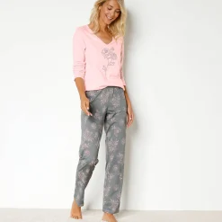 Pyjama<Blancheporte Katoenen pyjama met lange mouwen en rozenprint grijs / roze