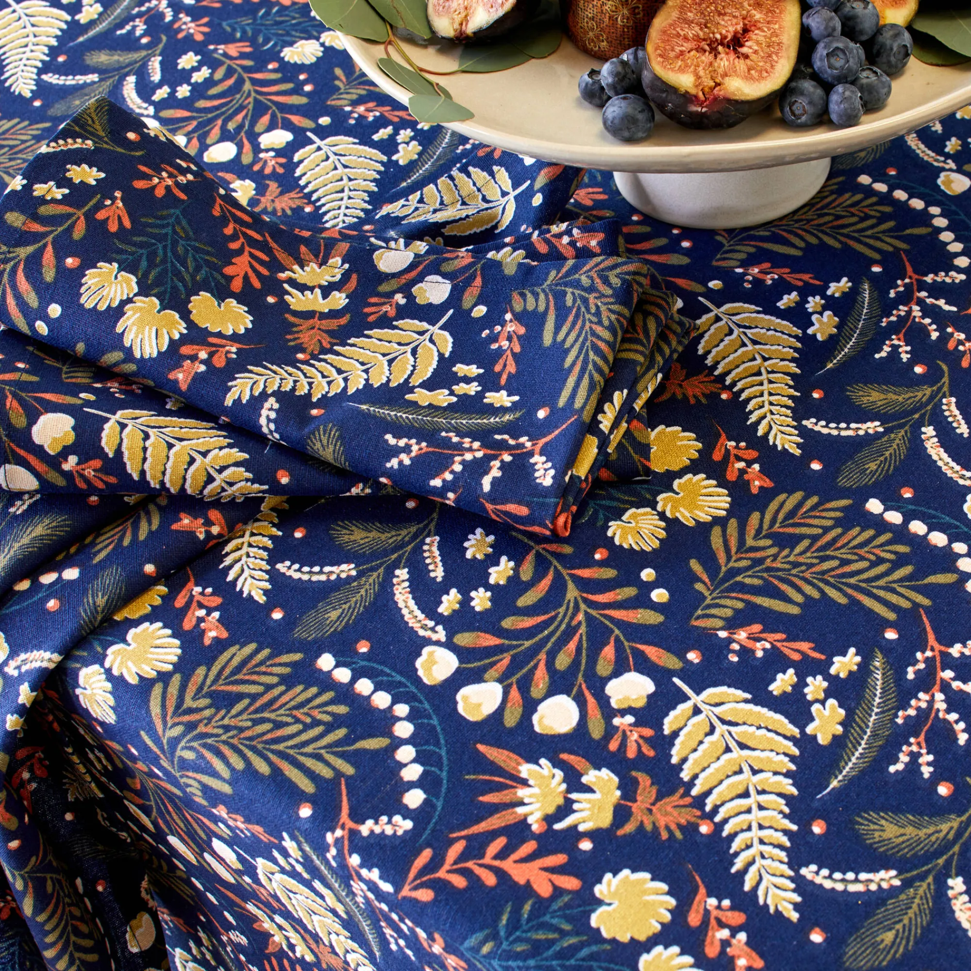 Feesttafel|Servet<Blancheporte Katoenen servet met plantenprint - set van 3 marine