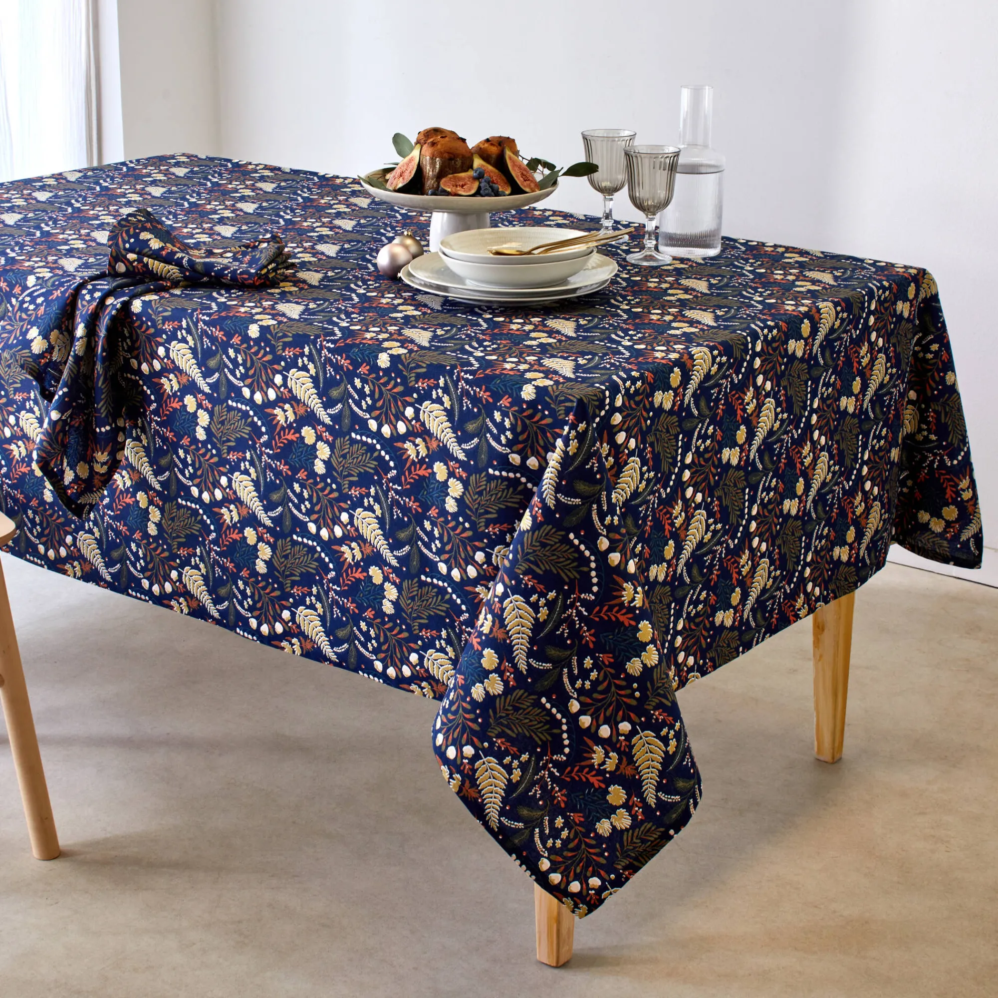 Feesttafel|Servet<Blancheporte Katoenen servet met plantenprint - set van 3 marine