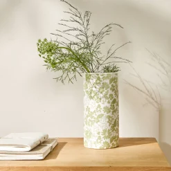 Decoratieartikel<Blancheporte Keramische vaas met bloemenprint - hoogte 19,5 cm wit/groen