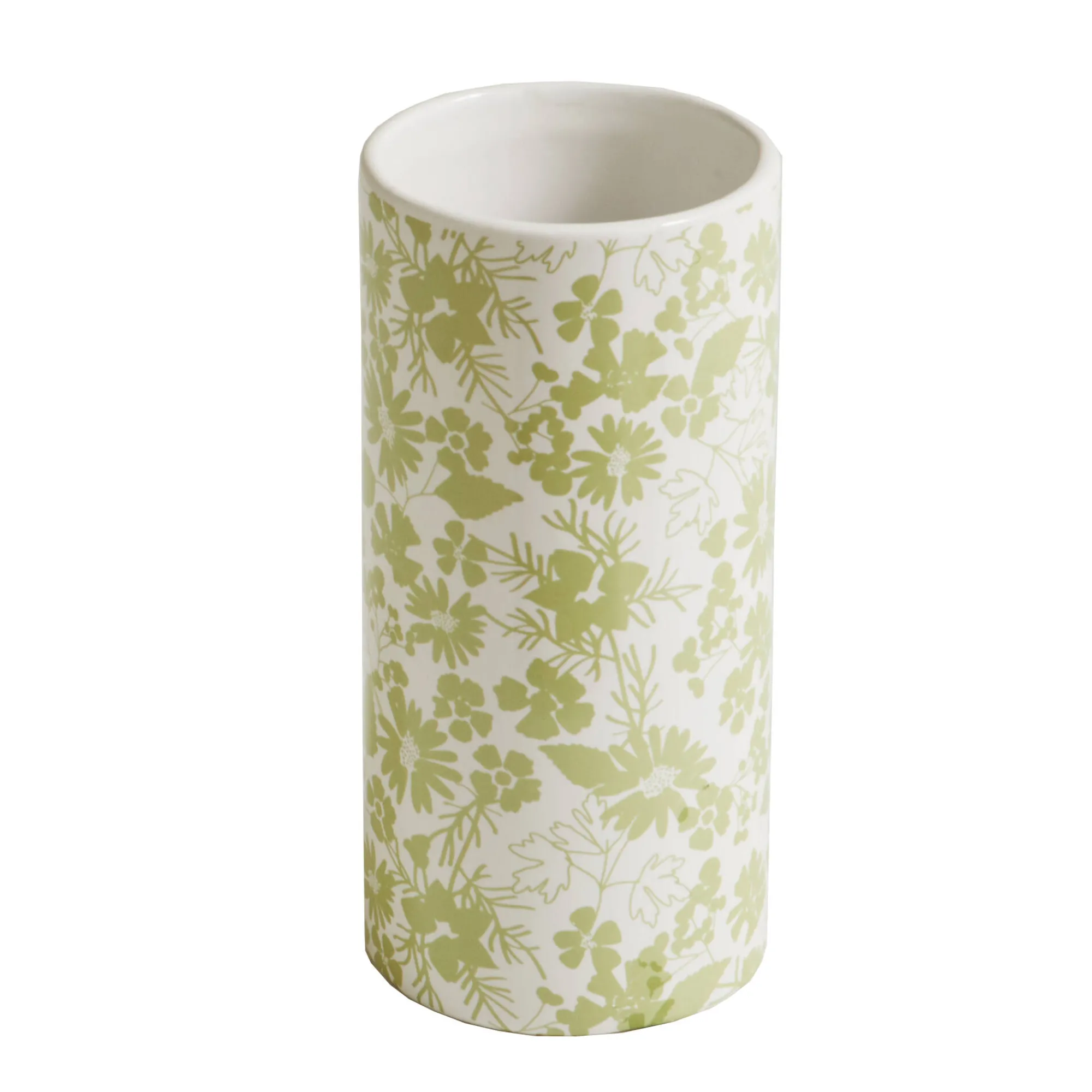 Decoratieartikel<Blancheporte Keramische vaas met bloemenprint - hoogte 19,5 cm wit/groen