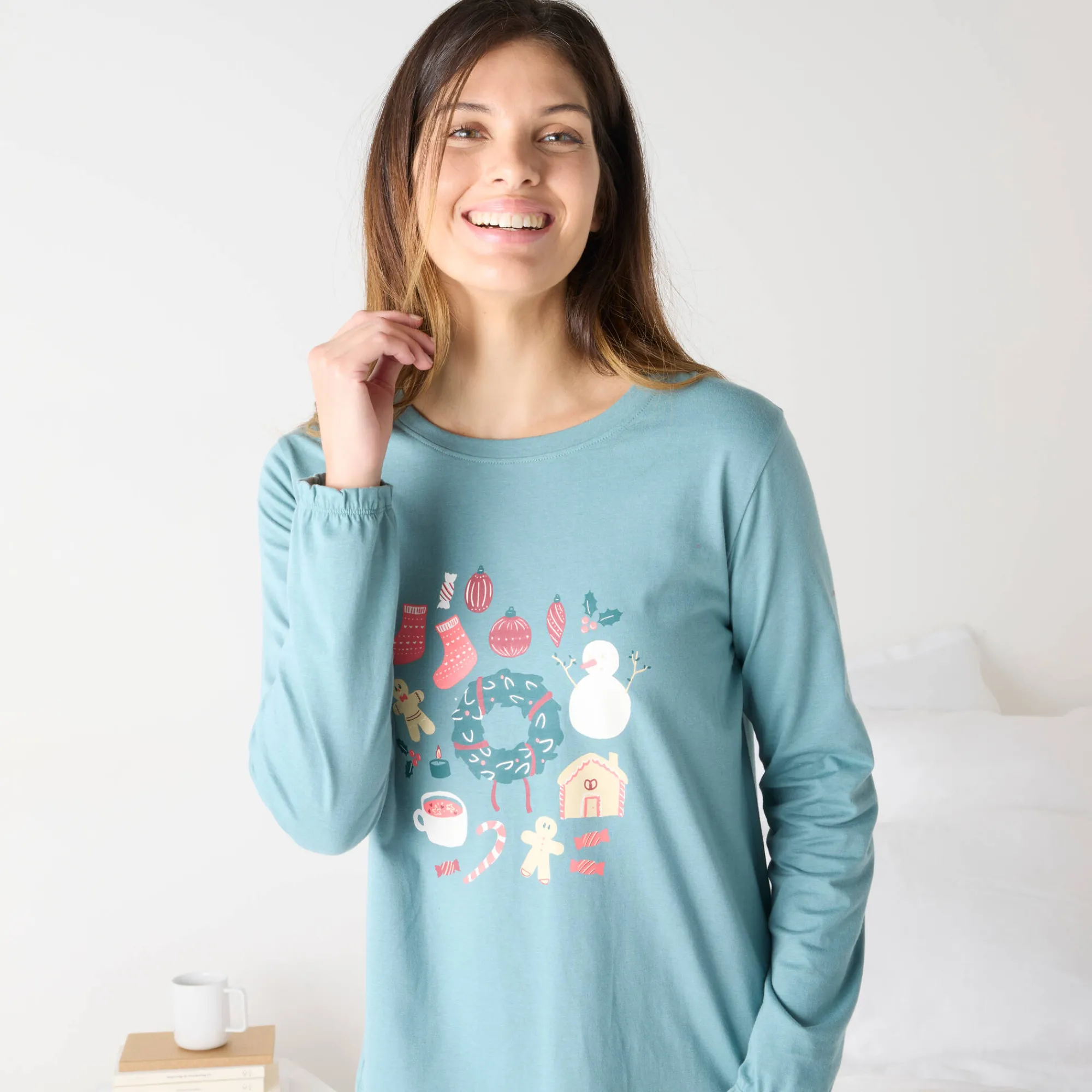 Pyjama<Blancheporte Kerstkrans pyjama + bijpassend slaapmasker grijsblauw / roze