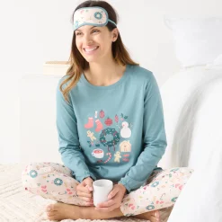 Pyjama<Blancheporte Kerstkrans pyjama + bijpassend slaapmasker grijsblauw / roze