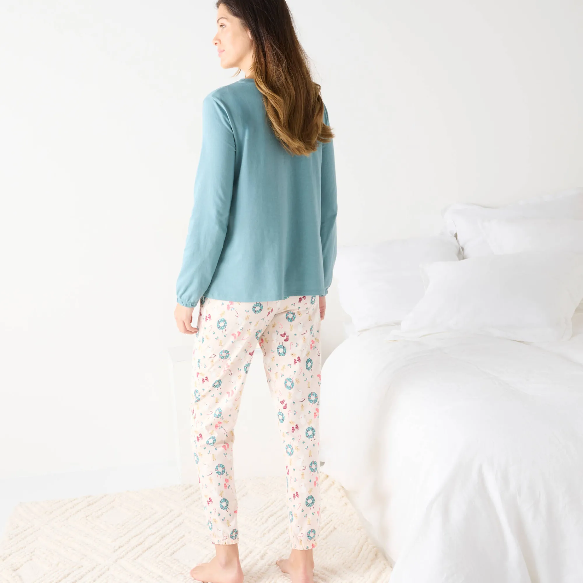 Pyjama<Blancheporte Kerstkrans pyjama + bijpassend slaapmasker grijsblauw / roze