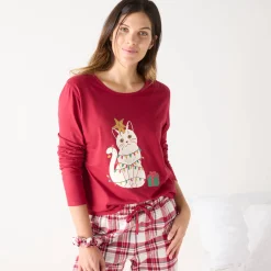 Pyjama<Blancheporte Kerstpyjama met 'kat' motief in katoen-flanel, met scrunchie rood