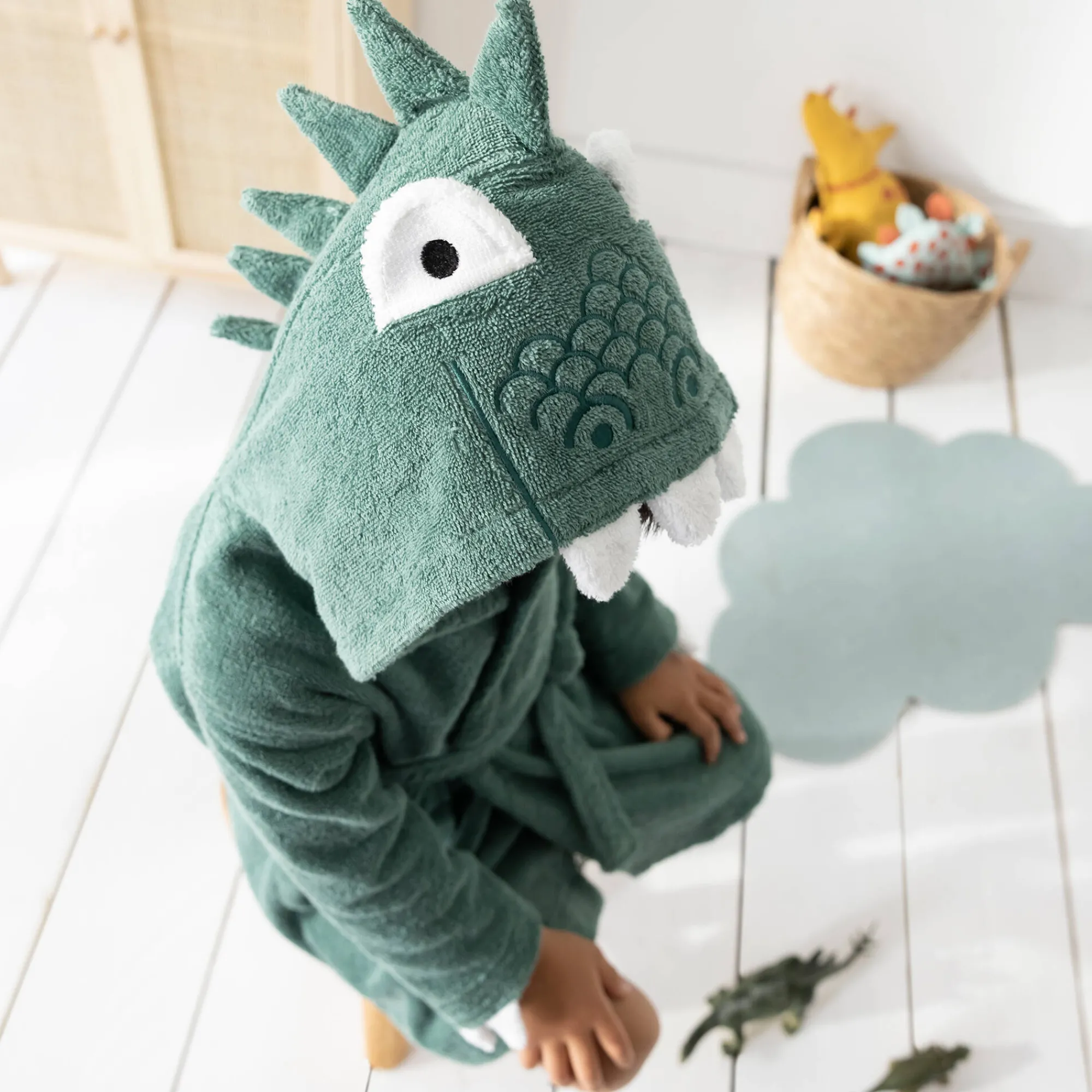 Badjas|Handdoek En Badlaken Kids<Colombine des petits Kinderbadjas met dinosaurusmotief en kap, personaliseerbaar - 340 g/m² eucalyptus