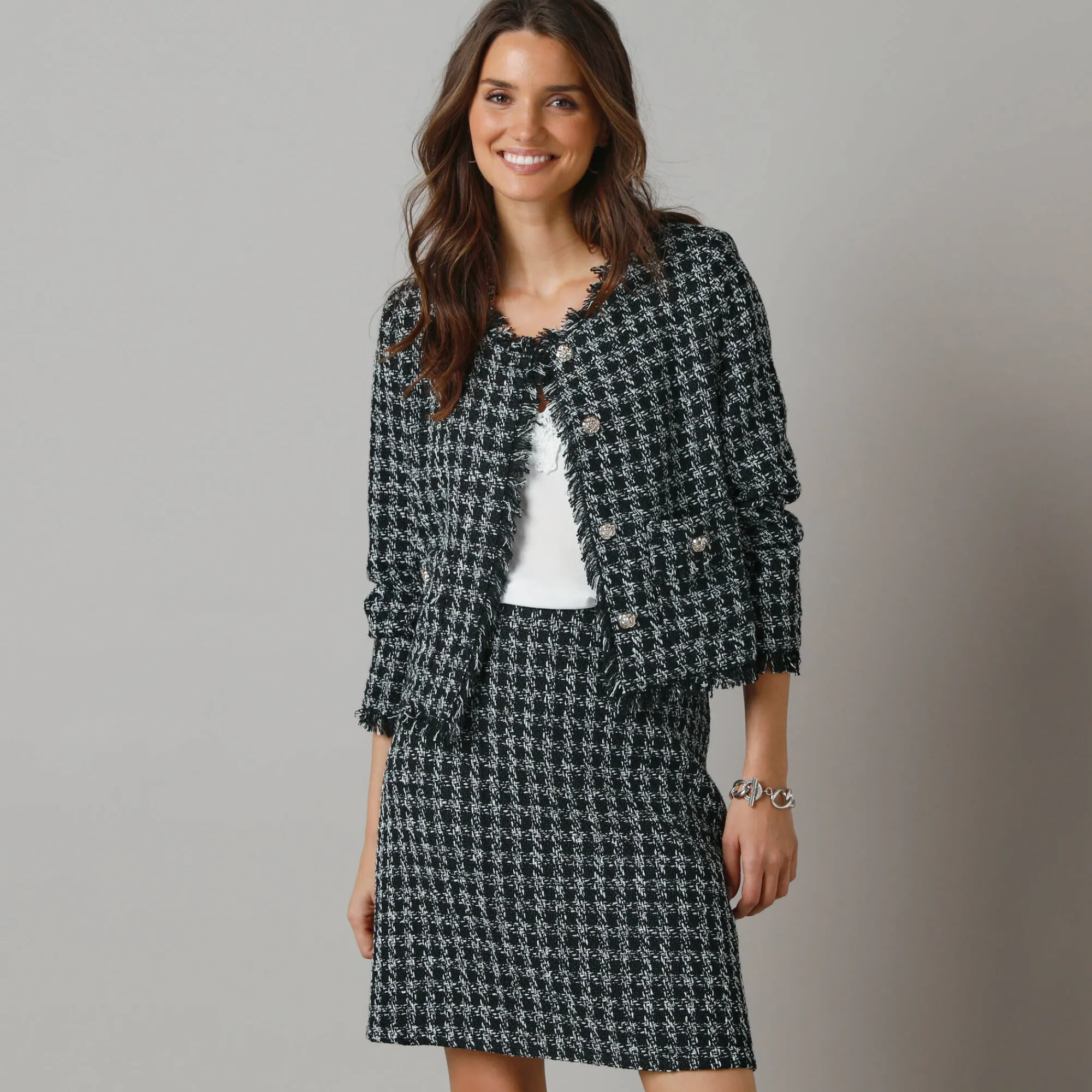 Jas En Mantel<Lora Zellini Kort jasje in tweed zwart / ecru