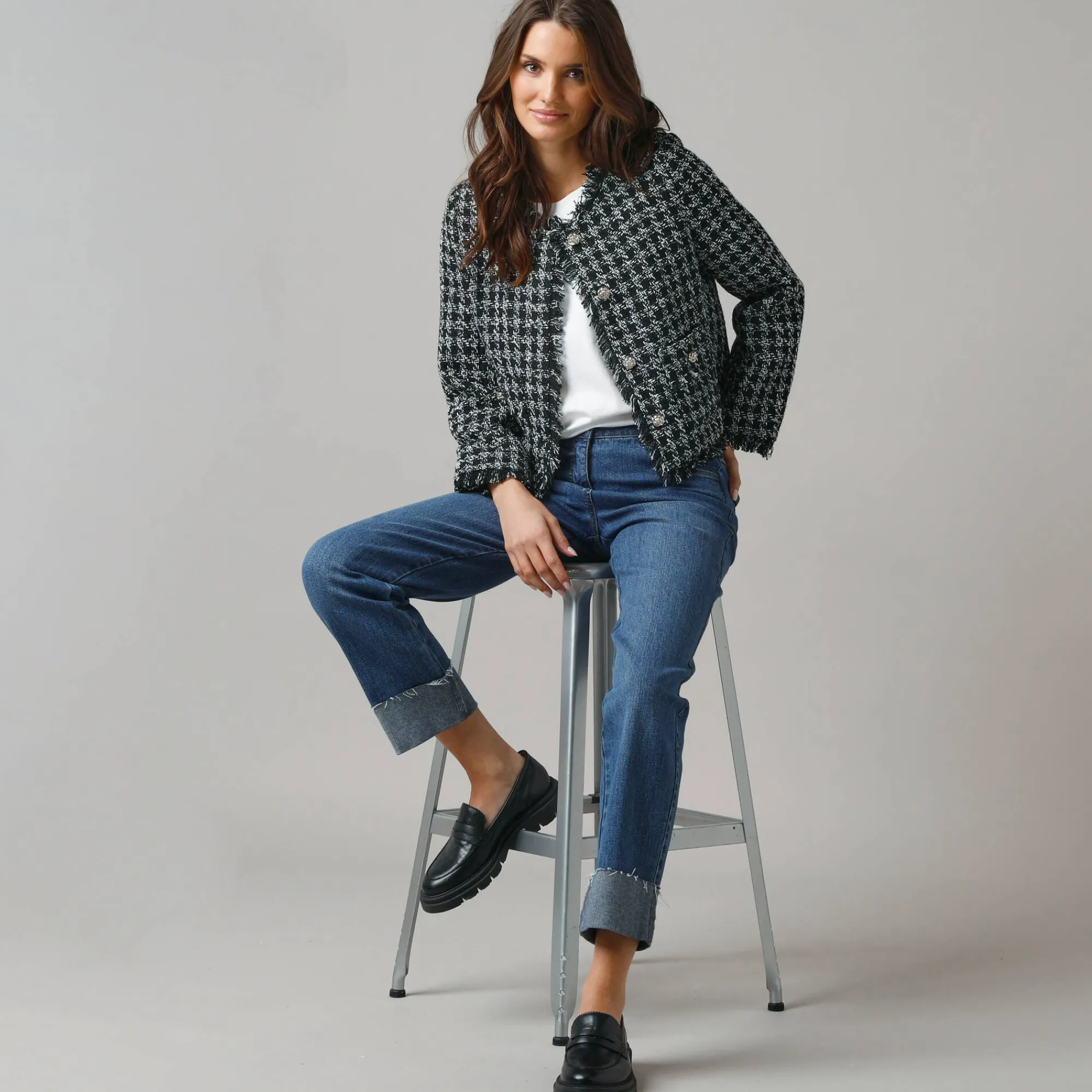 Jas En Mantel<Lora Zellini Kort jasje in tweed zwart / ecru