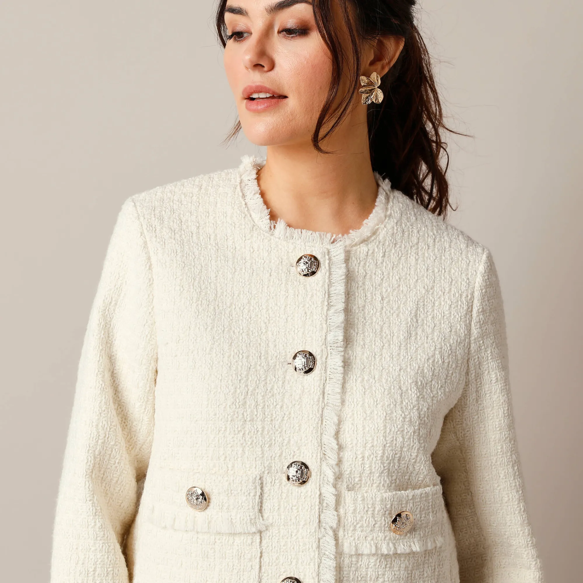Jas En Mantel|Jurk<Lora Zellini Kort jasje in tweedstijl, wolmengeling ecru