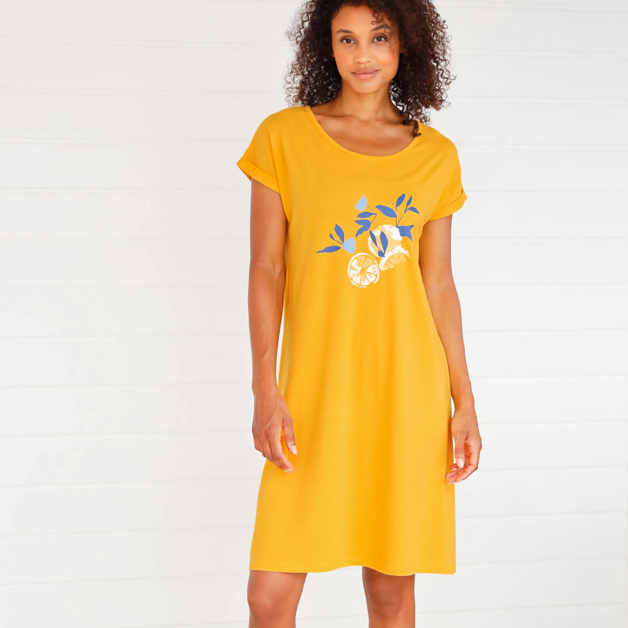 Nachthemd<Blancheporte Kort nachthemd met citroenprint - set van 2 blauw + saffraangeel