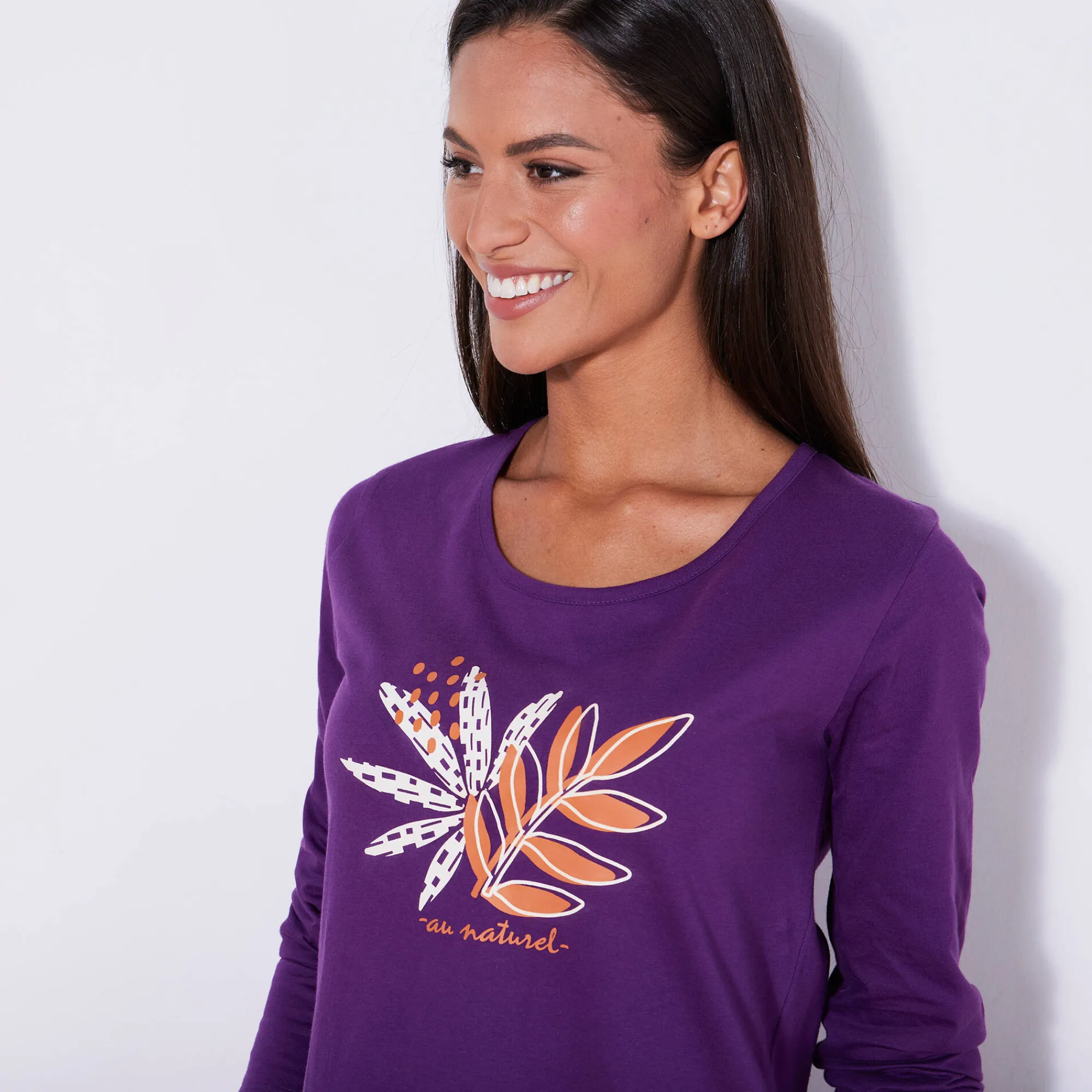 Nachthemd<Blancheporte Kort nachthemd met lange mouwen en "naturel" print paars