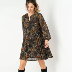 Feestoutfits Dames|Jurk<Blancheporte Korte, bedrukte jurk met plissé zwart / bronskleur