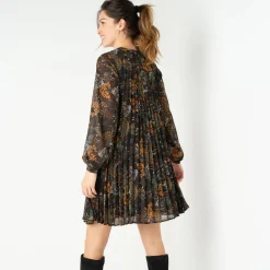 Feestoutfits Dames|Jurk<Blancheporte Korte, bedrukte jurk met plissé zwart / bronskleur