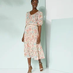 Rok|Jurk<Blancheporte Korte fronsrok met stroken en bloemenprint, crepon naturel