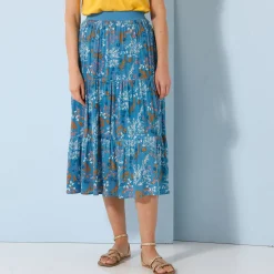 Rok<Blancheporte Korte fronsrok met stroken en bloemenprint, crepon blauw
