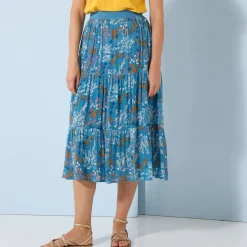 Rok<Blancheporte Korte fronsrok met stroken en bloemenprint, crepon blauw
