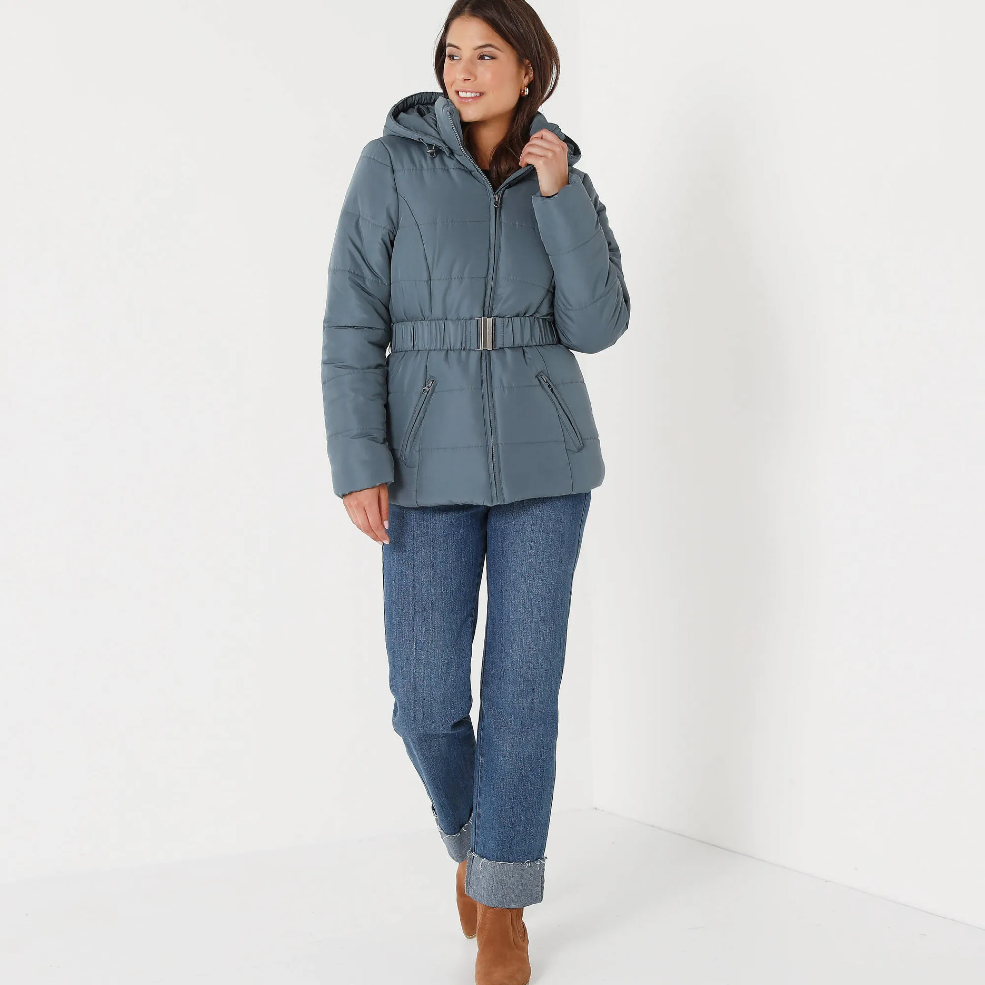 Parka En Donsjas<Colors&Co Korte gewatteerde jas met ceintuur blauwgrijs