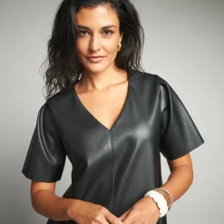 Feestoutfits Dames|Jurk<Lora Zellini Korte jurk met A-lijn, leeraspect zwart