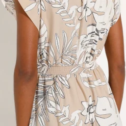 Jurk<Blancheporte Korte jurk met macramé, tropische print, smokwerktaille beige / ecru