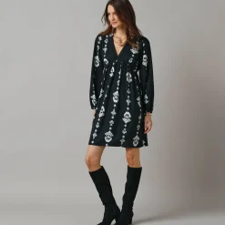 Feestoutfits Dames|Jurk<Lora Zellini Korte jurk met V-hals, bedrukte crêpe zwart / ecru