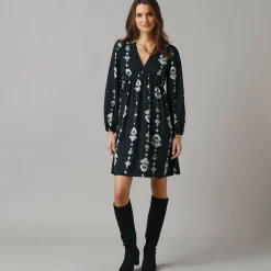 Feestoutfits Dames|Jurk<Lora Zellini Korte jurk met V-hals, bedrukte crêpe zwart / ecru