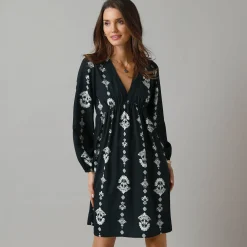 Feestoutfits Dames|Jurk<Lora Zellini Korte jurk met V-hals, bedrukte crêpe zwart / ecru
