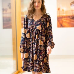 Jurk<Blancheporte Korte jurk met V-hals, 'boho' print marine / karamel